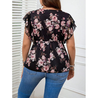 Plus Size Floral Printed Women’s Shirt Blouse Elegant Ruffle Sleeveless Lace-up V-Neck Female Summer Top Casual Vacation Blouses