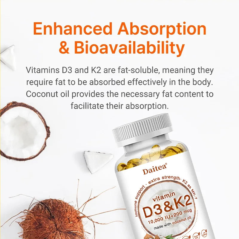 Vitamin D3 & K2 Capsules 10,000IU Vitamin D3 300mcg 200mcg K2 Supports Heart, Brain, Immune and Joint Health