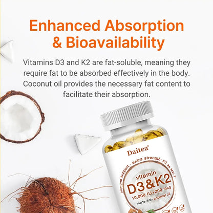 Vitamin D3 & K2 Capsules 10,000IU Vitamin D3 300mcg 200mcg K2 Supports Heart, Brain, Immune and Joint Health