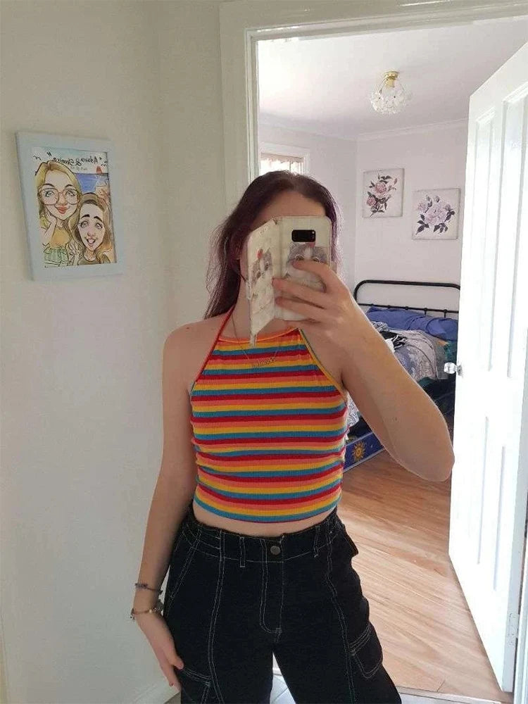 Rainbow Rib-knit Striped Halter Top Women Summer Y2K Clothes Sexy Korean Fashion Backless Sleeveless Crop Top Streetwear 2023