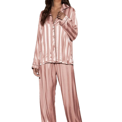 Stripe Long Sleeve Trouser Pijamas Suit Women 2PCS Pajamas Set Sleepwear Spring Summer Satin Nightwear Loose Homewear Loungewear