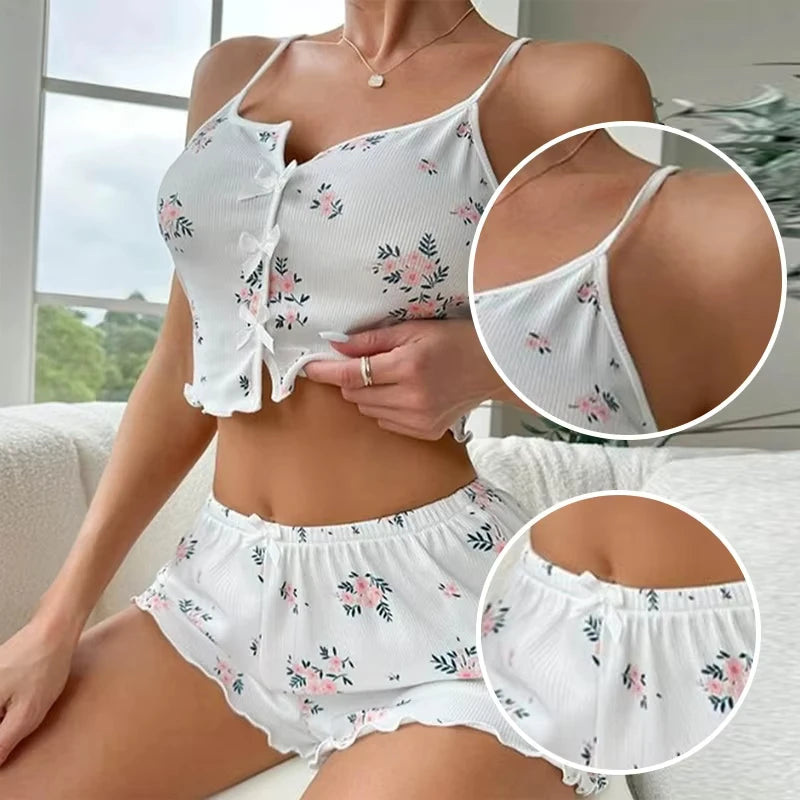 Y2K Cute Floral Print Ribbed Pajama Set Womens Cami Crop Top Shorts Two Piece Sleepwear Loungewear Set Lettuce Trim Bow Button