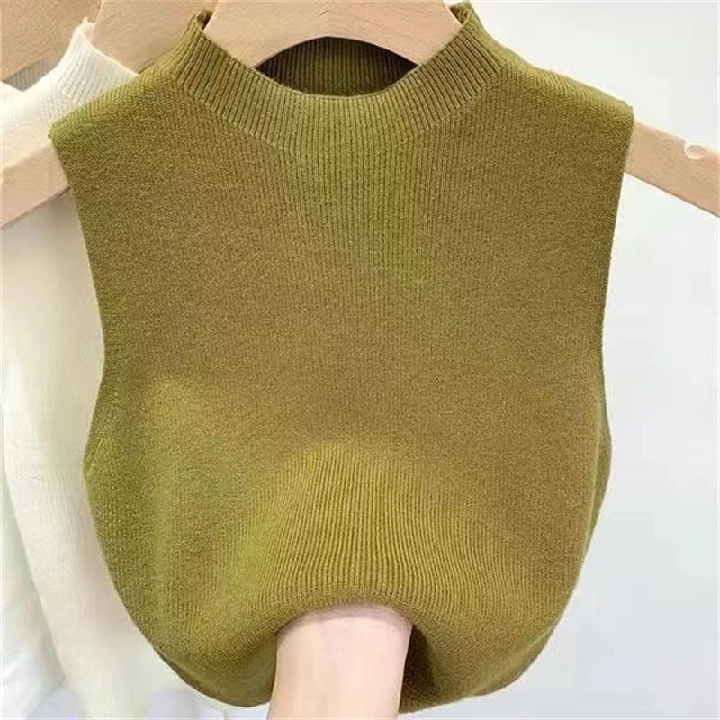 Knitted Top Women Y2K Tank Top Half Neck Vest Female Sleeveless Sweater Chic Streetwear Solid Skinny Tube Top Summer 2025 withered grass green One Size