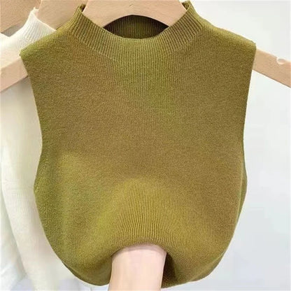 Knitted Top Women Y2K Tank Top Half Neck Vest Female Sleeveless Sweater Chic Streetwear Solid Skinny Tube Top Summer 2025 withered grass green One Size