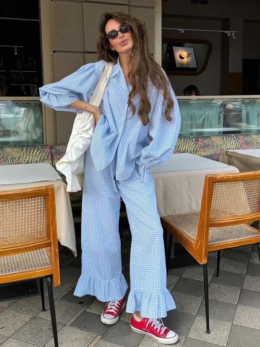 Marthaqiqi Striped Women Pajamas Set Turn-Down Collar Sleepwear Long Sleeve Nightgown Pants Casual Ladies Nightwear 2 Piece Suit