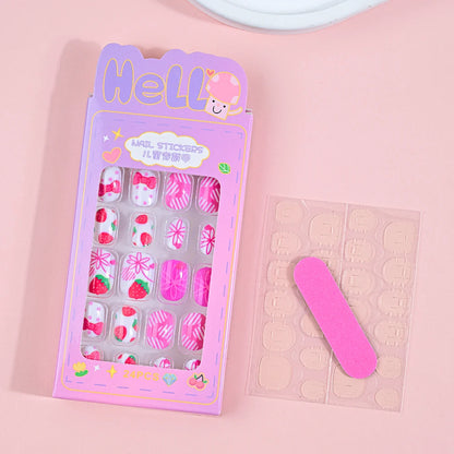 24Pcs Children Cartoon Nail Tips Colorful Cute Rabbit Pink Stars 6-14 Years old Girl Fake Nail With Jelly Glue Kids False Nail TC0021-2