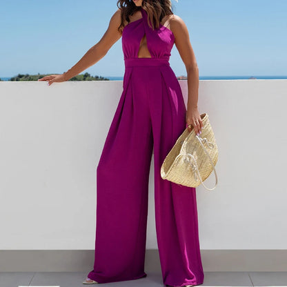 Women Fashion Hollow Combination High Street Hollow Backless Slim Long Jumpsuit 2025 Solid Cross Halter Wide Leg Office Rompers