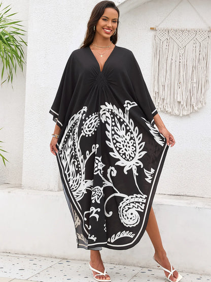 Plus Size Women Floral Print Kaftan Dresses Plus Size Swimsuit Coverup Summer Bathing Suit Caftan Loungewear Beach Dress 5DB245-13 One Size