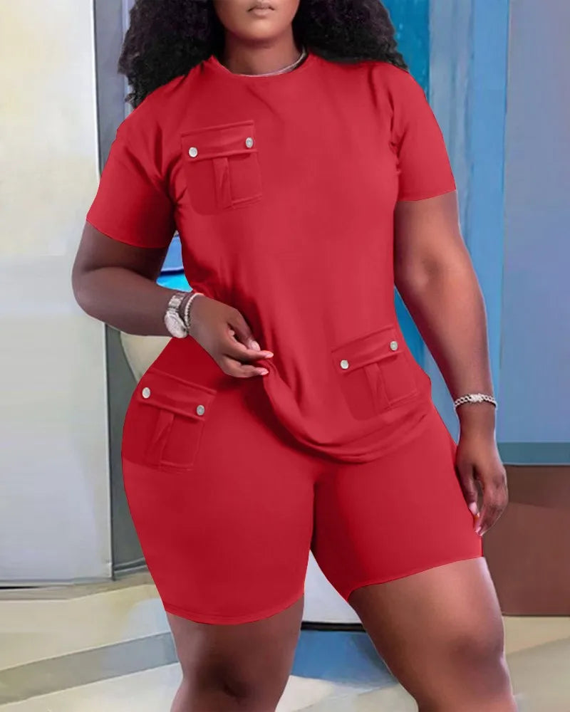 Women Two Piece Shorts Sets Solid Round Neck T Shirts Pockets Elastic Waist Short Trousers Suits Leisure Ladies 2025 Summer