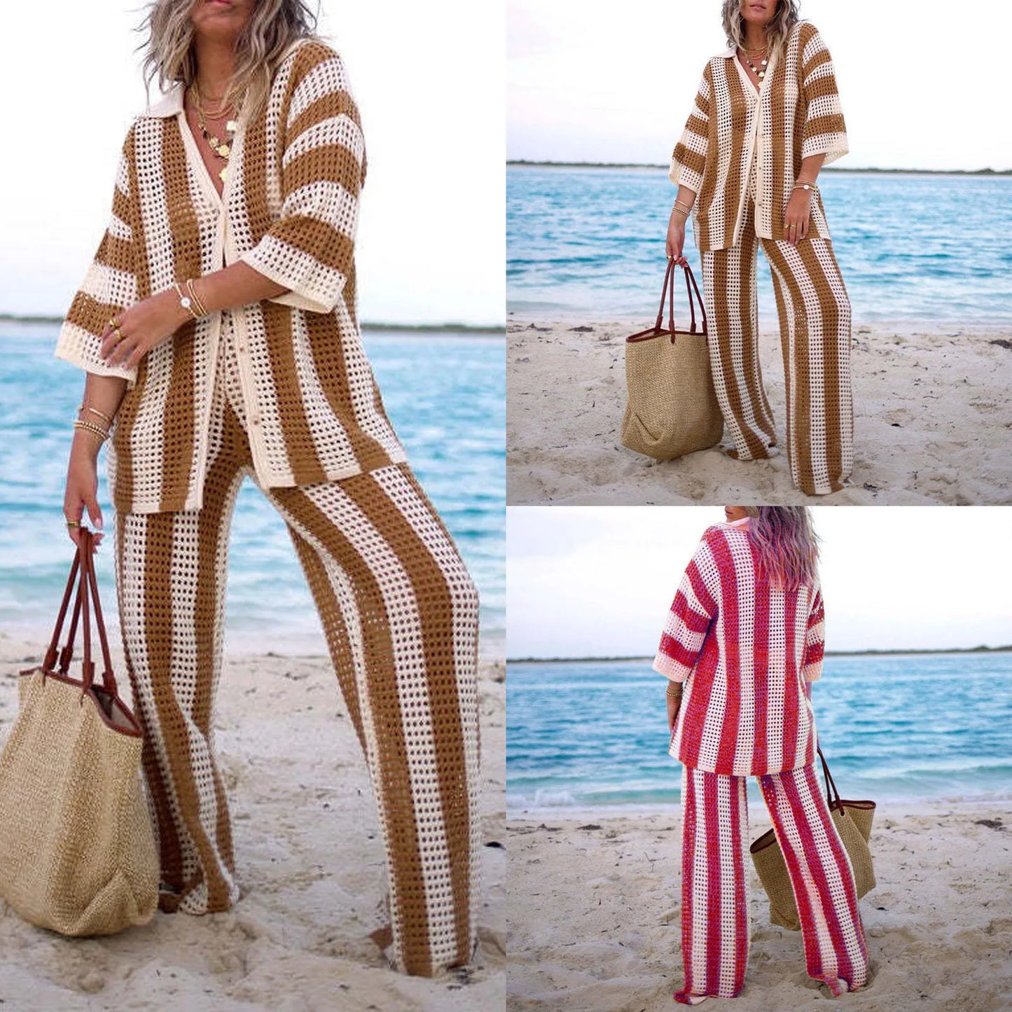 Women With Summer V-neck Button Top & Wide Leg Pants Suits Spring Crochet Hollow Knitted Set Woman 2 Pieces Striped Print