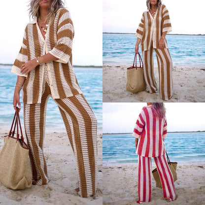 Women With Summer V-neck Button Top & Wide Leg Pants Suits Spring Crochet Hollow Knitted Set Woman 2 Pieces Striped Print