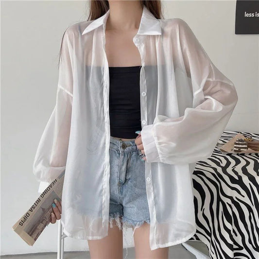 Xpqbb Women's White Chiffon Shirt Sheer Thin Long Sleeve Sun Protection Blouse Woman Casual Loose Simple Single-breasted Shirts WHITE