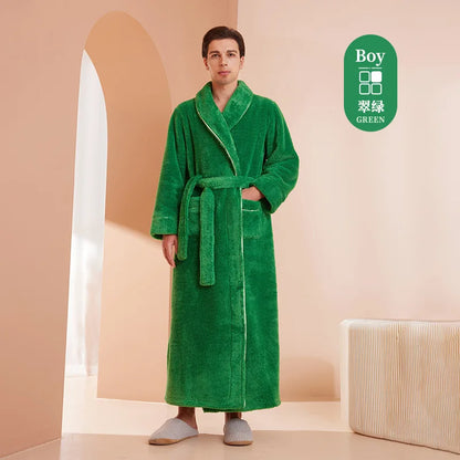 Men's Winter Bathrobe Long Sleeve Warm Turn Down Collar Man Fluffy Bath Robe With Sashes Solid Fleece Dressing Gown For Male Emerald green male