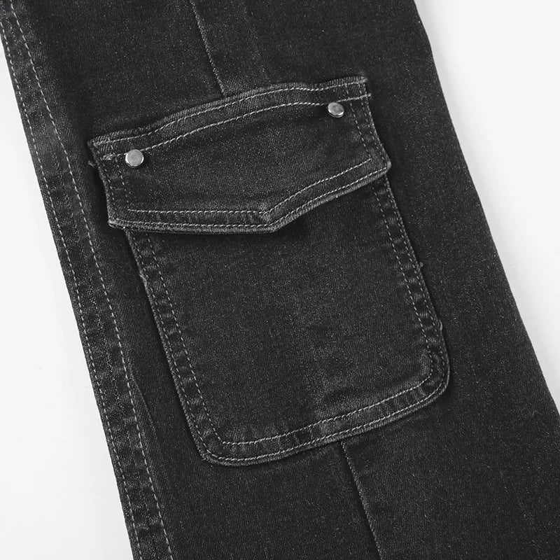Weekeep Punk Style Star-shaped Rivet Jeans Low Rise Multi-pockets Patchwork Denim Cargo Pants Korean Fashion Hippie Flared Jeans