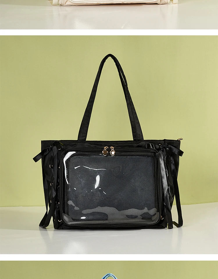 Japanese Large Capacity Satin Ribbon Ita Bag Sweet Girl Anime Transparent Tote Bag Lolita Shoulder Bags Clear Pvc Handbags