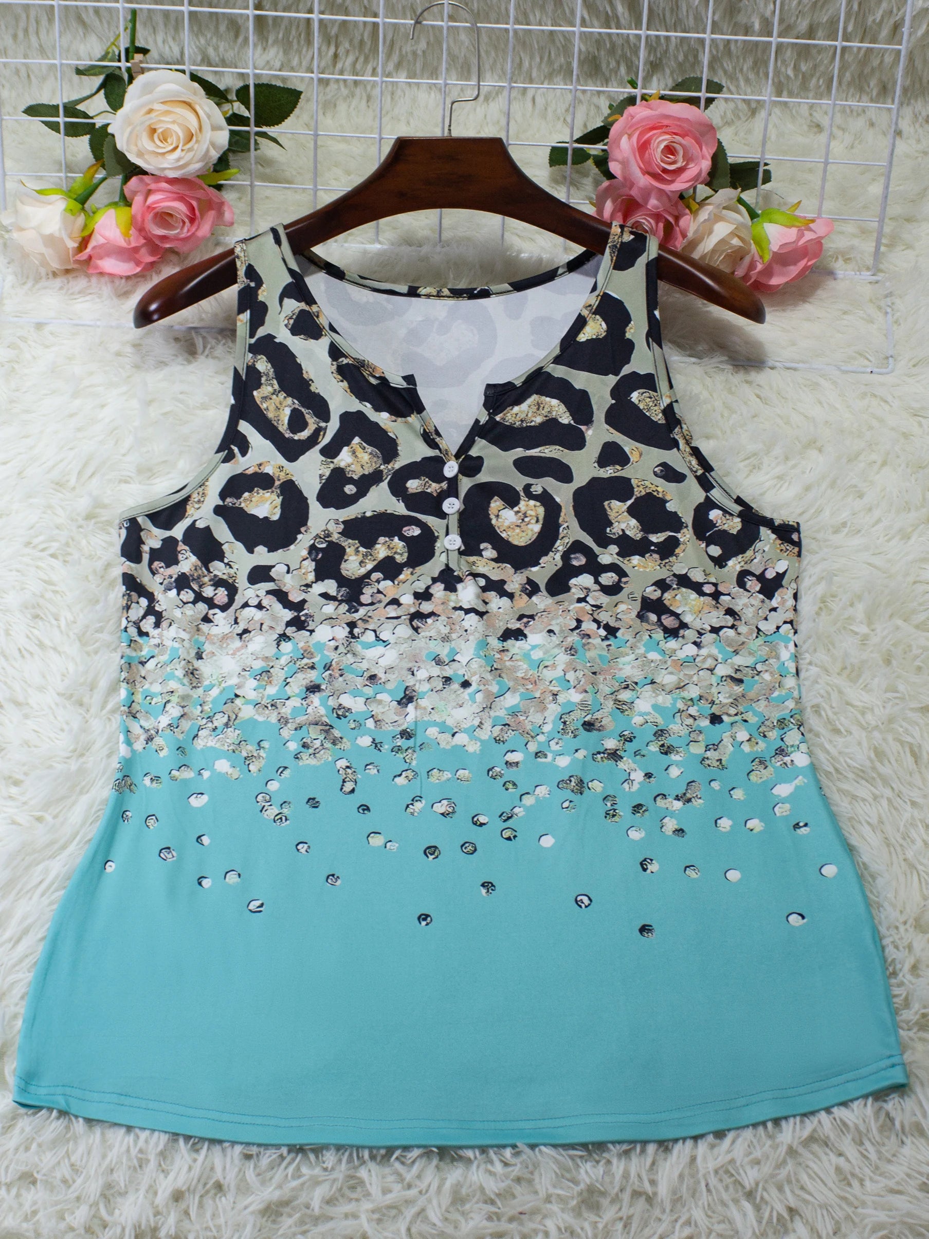 Plus Size Leopard Print V-Neck Tank Top with Button Detail - Casual Chic Summer Women's Vest, Comfy Stretch Fashion Apparel