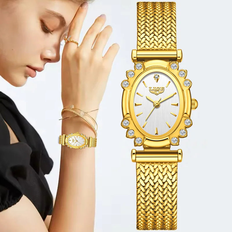 LIGE 2025 New Gold Square Watch For Women Simple Fashion Waterproof Quartz Ladies Watches Ultra-Thin Mesh Women's Bracelet Watch