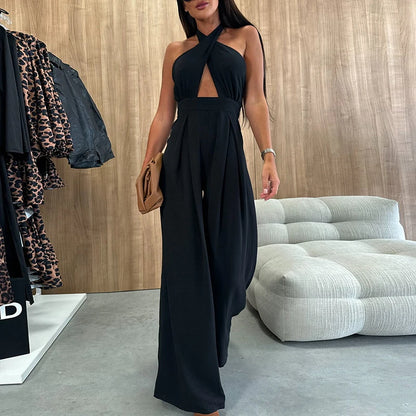 Women Fashion Hollow Combination High Street Hollow Backless Slim Long Jumpsuit 2025 Solid Cross Halter Wide Leg Office Rompers
