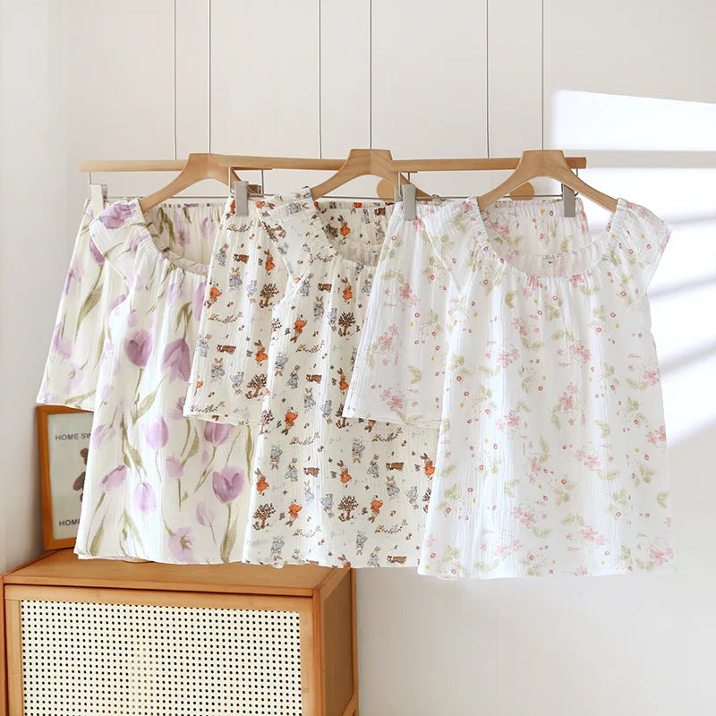 2025 Women's New Summer Pajama Set 100% Cotton Crepe Vest+Shorts Two Piece Loose Home Clothing Set Sleepwear Ladies