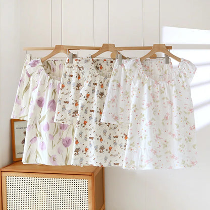 2025 Women's New Summer Pajama Set 100% Cotton Crepe Vest+Shorts Two Piece Loose Home Clothing Set Sleepwear Ladies