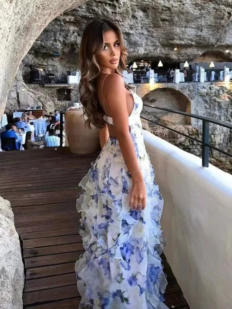 Summer New 2024 Women Sexy V Neck Backless Flower Chiffon Maxi Gowns Dress Split Celebrity Cut Out Beach Maxi Dress