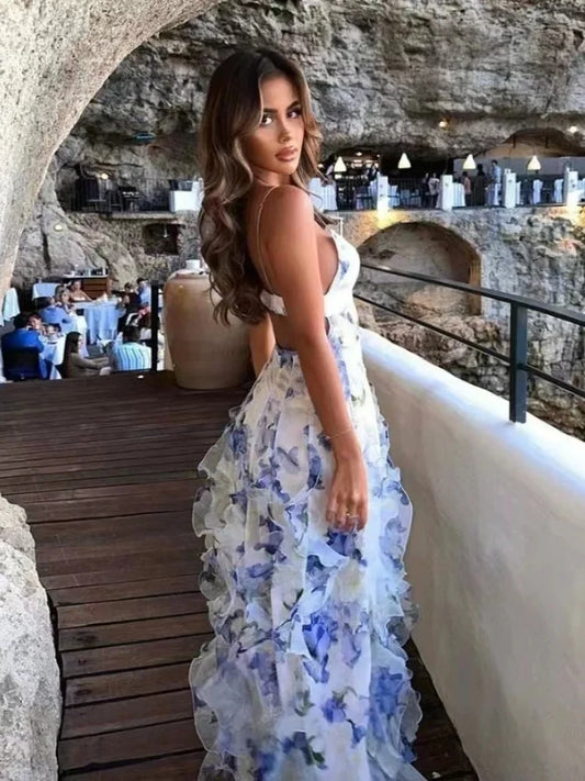 Summer New 2024 Women Sexy V Neck Backless Flower Chiffon Maxi Gowns Dress Split Celebrity Cut Out Beach Maxi Dress