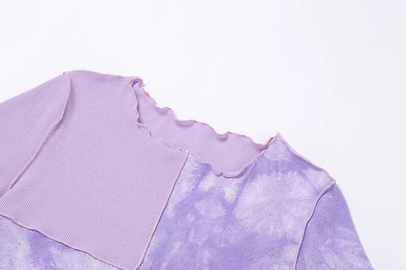 Chic Crop Tops Tees Tie Dye With Sequin Patchwork Women Summer T-shirts Ruffles Hem Purple Or Bule Clothes