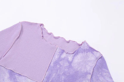 Chic Crop Tops Tees Tie Dye With Sequin Patchwork Women Summer T-shirts Ruffles Hem Purple Or Bule Clothes