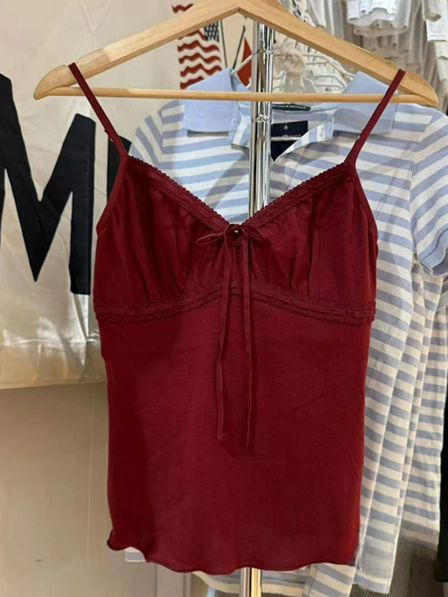 Floral Print Bow V Neck Camis Women Chic Lace Trim Sleeveless Slim Crop Tops Vest Sweet Casual Fashion Raw Hem Tank Top Y2k New New claret One Size