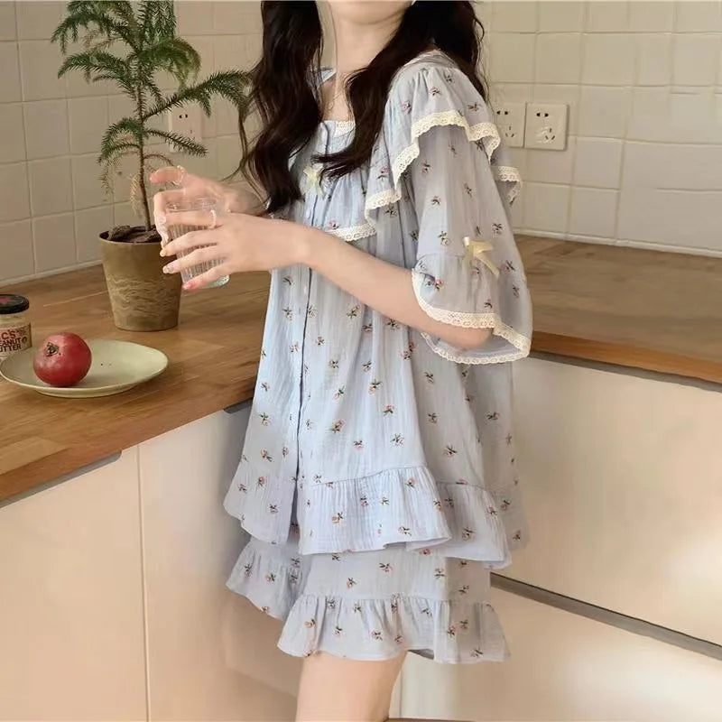 Summer New Women's Princess Style Sweet Pajamas Homewear Set Girls Lace Small Floral Summer Short-Sleeved Shorts Loose Pajamas