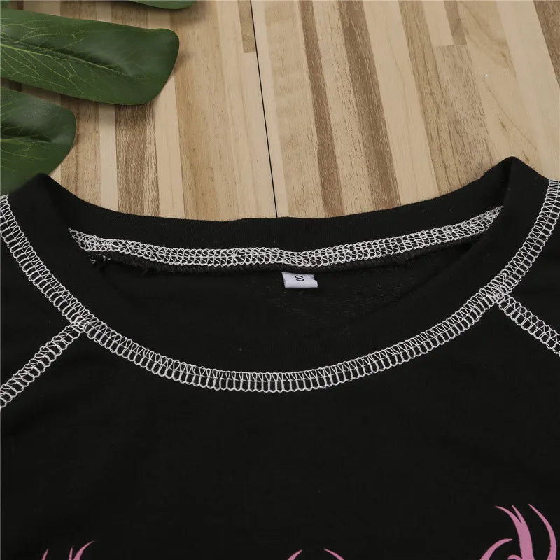 Gothic Graphic Printed T-Shirt For Ladies Harajuku Short Sleeve Crop Top Angels And Demons Print Tee Tops Women