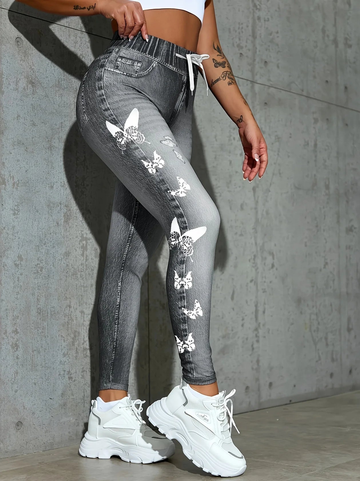 Imitation denim butterfly printed tight base trousers - high-waisted slim leggings - suitable for all seasons of women's outfits Badiee Stylez