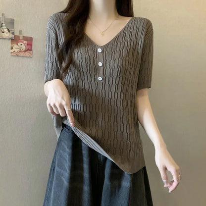 Plus Size Women's Summer New Style Slim Fit Knitted Top Belly Covering T-Shirt for Plump Sister V-Neck Big Code Sweater