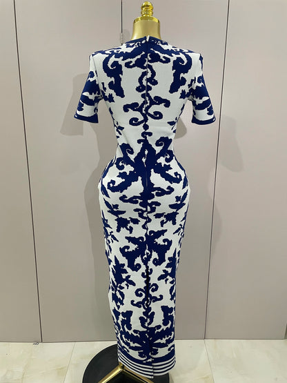 2025 New Sexy Short Sleeve Jacquard Blue Bandage Bodycon Long Dress Women Celebrity Elegant Evening Club Party Luxury Dresses