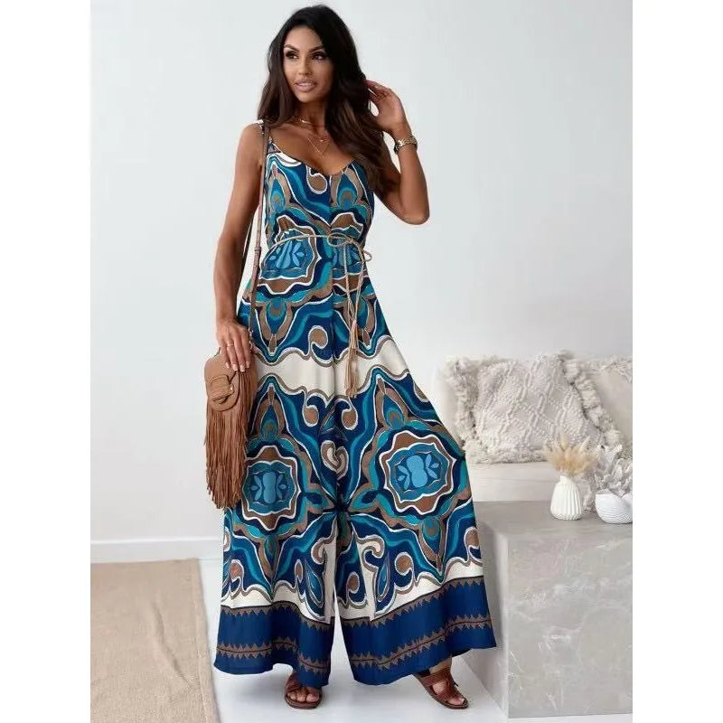 New Women's Wide Leg Jumpsuit V-Neck Strapless Belted Print New Style Short Pants MULTI1