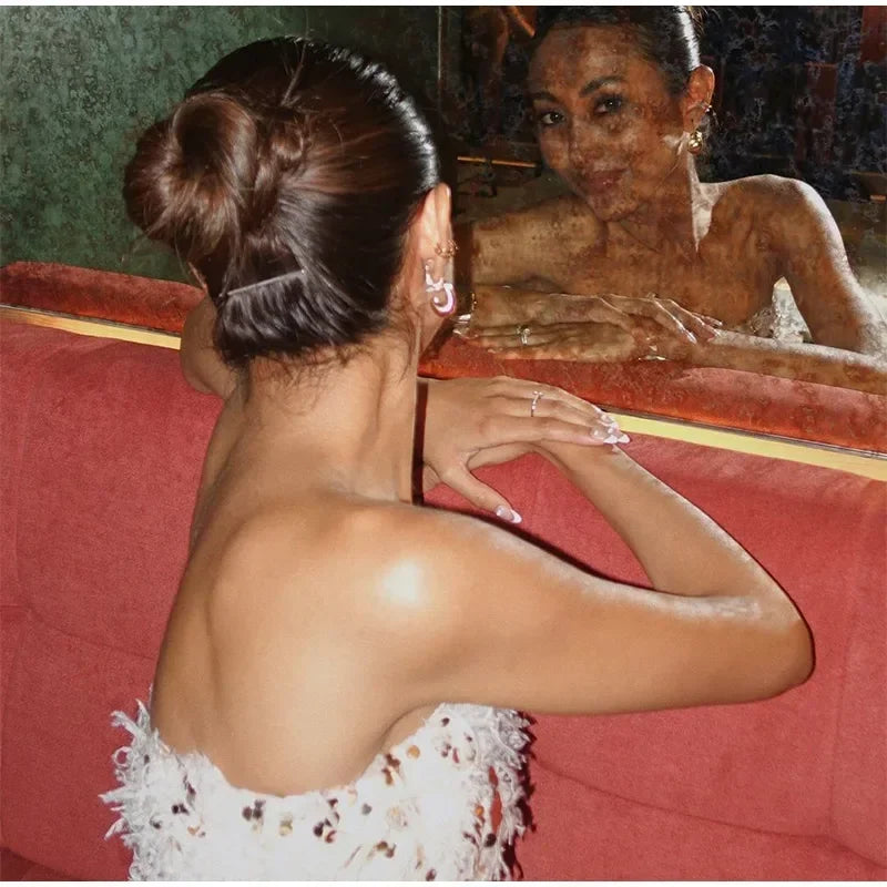 Fashion Sequins Patchwork Fur Crop Tops Sexy Strapless Chest Wrapping Vest Winter New Women's Off Shoulder Slim Club Party Tops