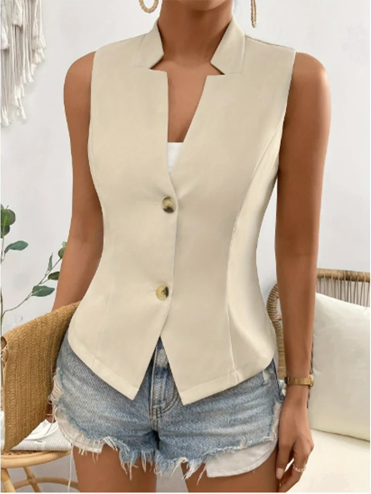 Sleeveless Lapel Short Sleeved Solid Color Button Women's Suit Jacket High Street Fashion Daily Elegant Summer Top
