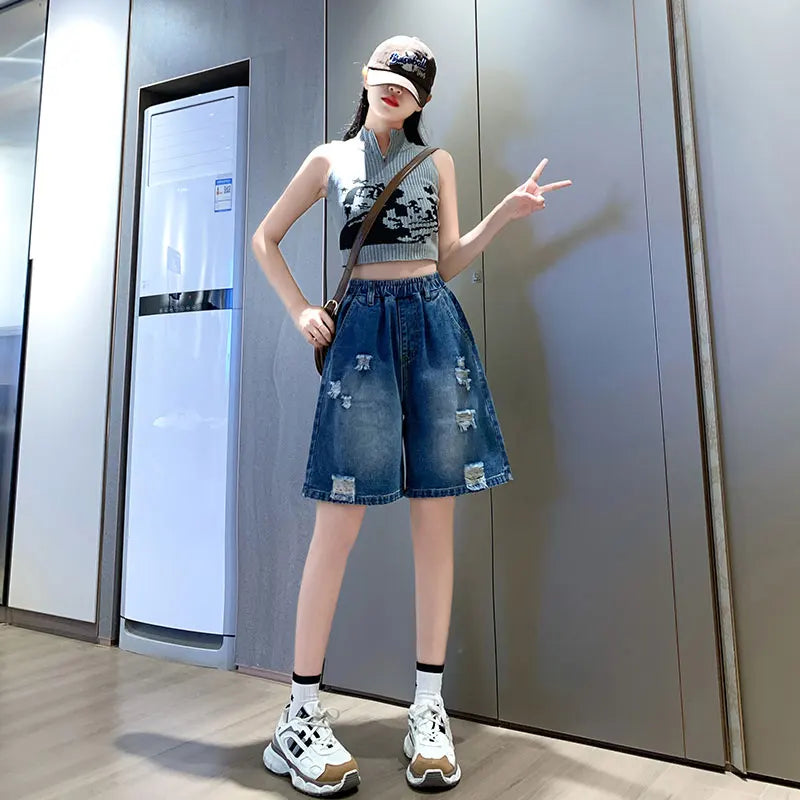 Plus Size Denim Shorts For Women 2024 Summer Wide Leg Loose Blue Jeans Shorts High Elastic Waist Half Length Casual Denim Shorts