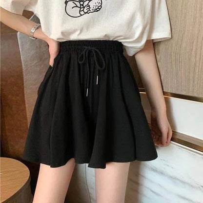 MEXZT 5Xl Summer Shorts Skirts Women Elastic High Waist Casual Wide Leg Shorts Korean A Line Loose Mini Skirt Black Short Pants