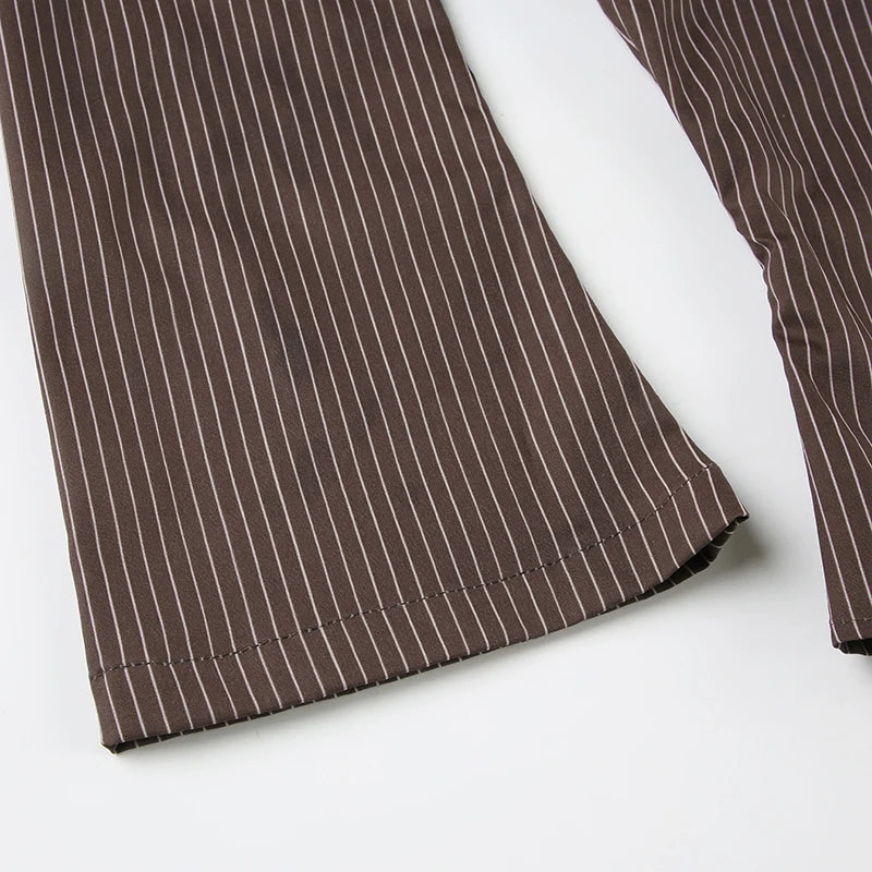 New Women Striped Shirt Casual Turn Down Collar Flare Sleeve Slim Fit Button Up Blouse Minimalist Aesthetic