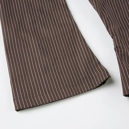 New Women Striped Shirt Casual Turn Down Collar Flare Sleeve Slim Fit Button Up Blouse Minimalist Aesthetic