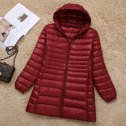 Plus Size 5XL 6XL 7XL Women's Hooded Puffer Jackets 2023 New Arrivals Female Ultra Lightweight Packable Warm Slim Fit Down Coat Burgundy