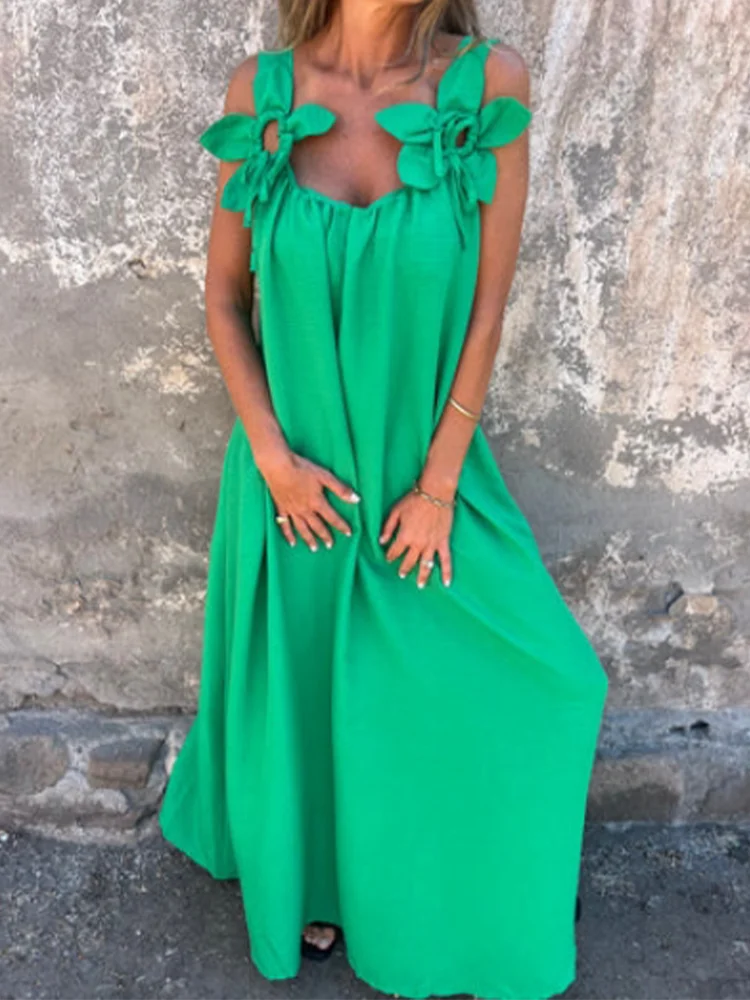 V-neck Solid Color Short Sleeved Lace Up Women's Dress High Street Fashion Elegant Commuting Style Summer Dresses Green