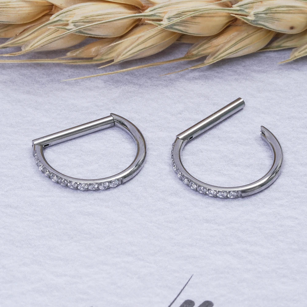 G23 Titanium Piercing Jewelry 16G 8/10/12mm Nose Ring Half Ring CZ Paved D Shape Segment Ring Clicke Cartilage Tragus Helix Lip