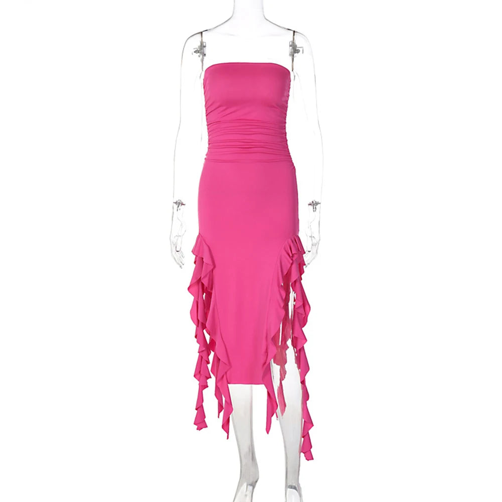WonMiracle Elegant Strapless Dress Women Irregular Tassel 2024 Summer Trend Skinny Split Maxi Bodycon Party Dress For Women