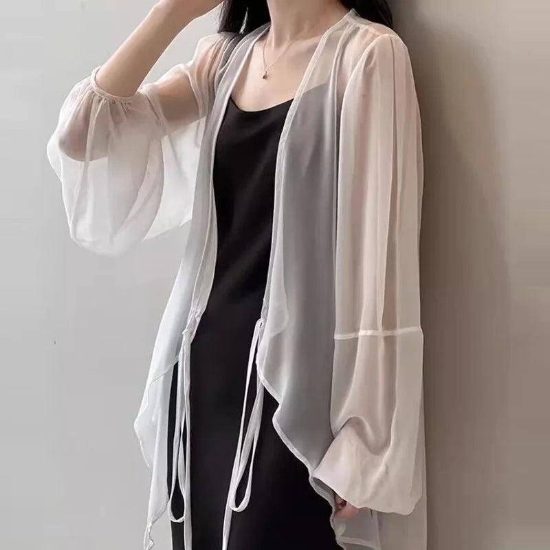 Summer Sun Protection Shirt Korean Women Chiffon Cardigan Blouse Solid Color Ladies Shawl Female Oversize Casual Loose Coats
