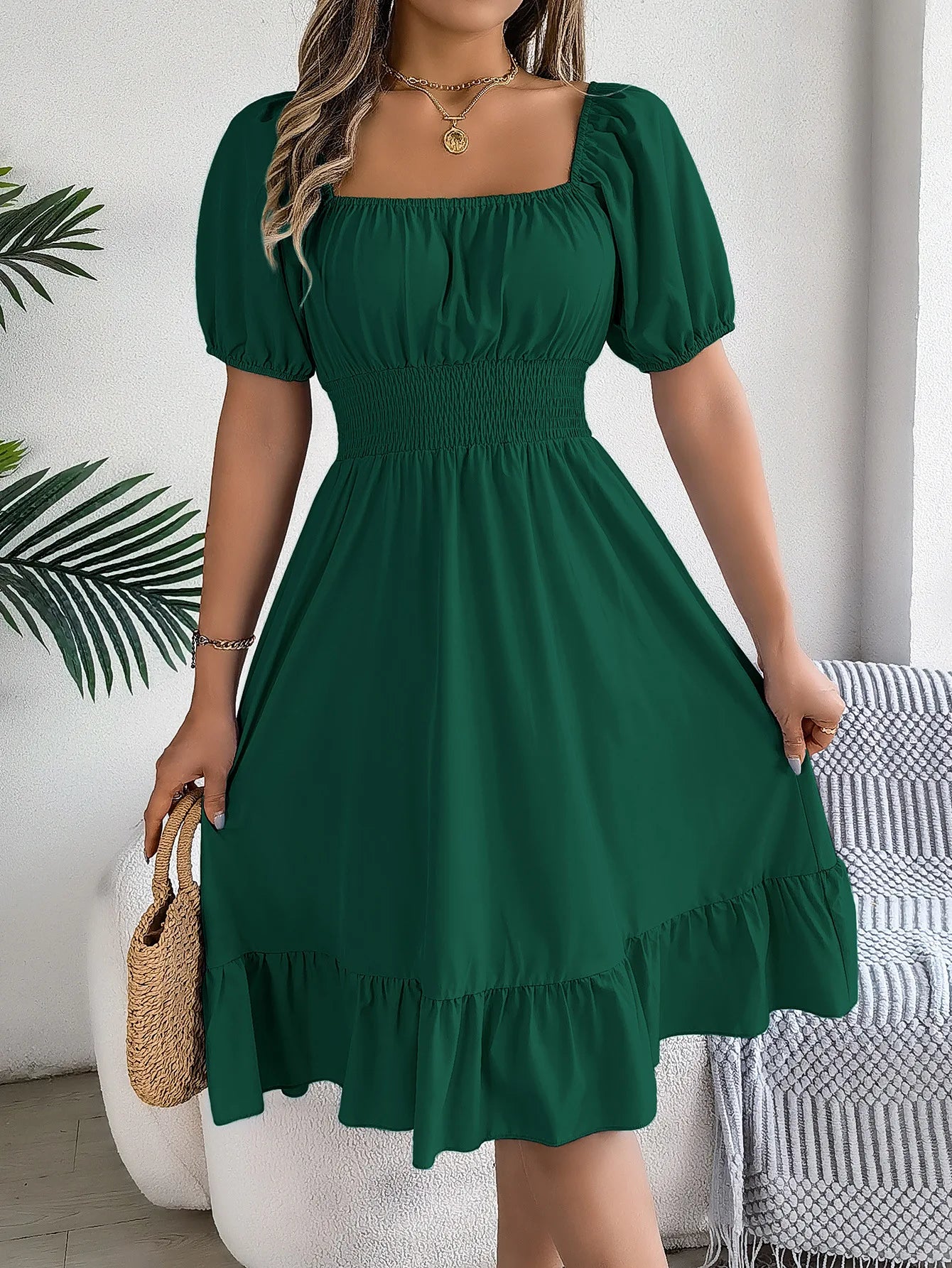 Women's MIidi Dresses 2024 Summer Casual Square Neck Short Sleeved Waist Ruffle Edge Dress Dress Women Elegant Платья Женские green