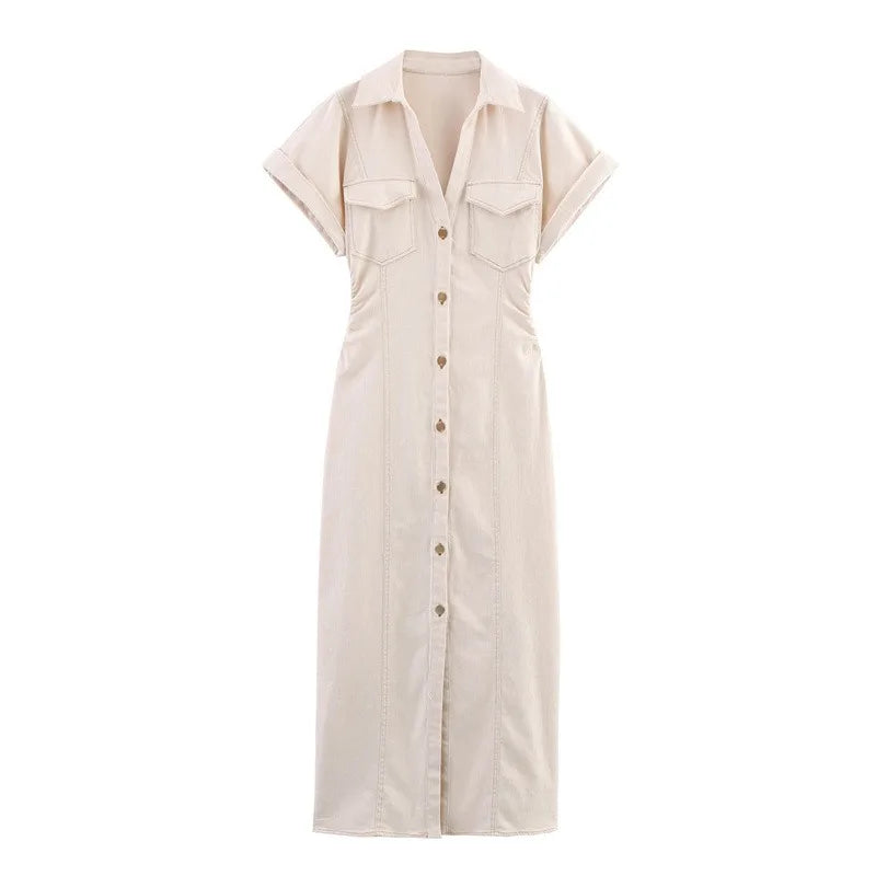 New Long Dresses 2025 Woman Fashion Summer V-neck Single Breasted Slim Fit Denim Skirts Women's Clothing Tops Beige