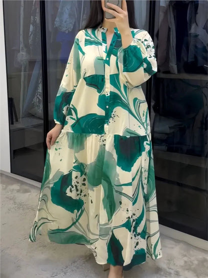 Printed Loose Long Shirt Women's Long-sleeved Dresses Spring Autumn New Fashion Spliced elegant Female Casual Robe Dresse 2025 Badiee Stylez