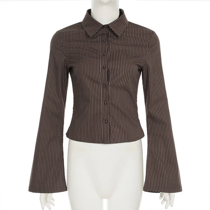 New Women Striped Shirt Casual Turn Down Collar Flare Sleeve Slim Fit Button Up Blouse Minimalist Aesthetic